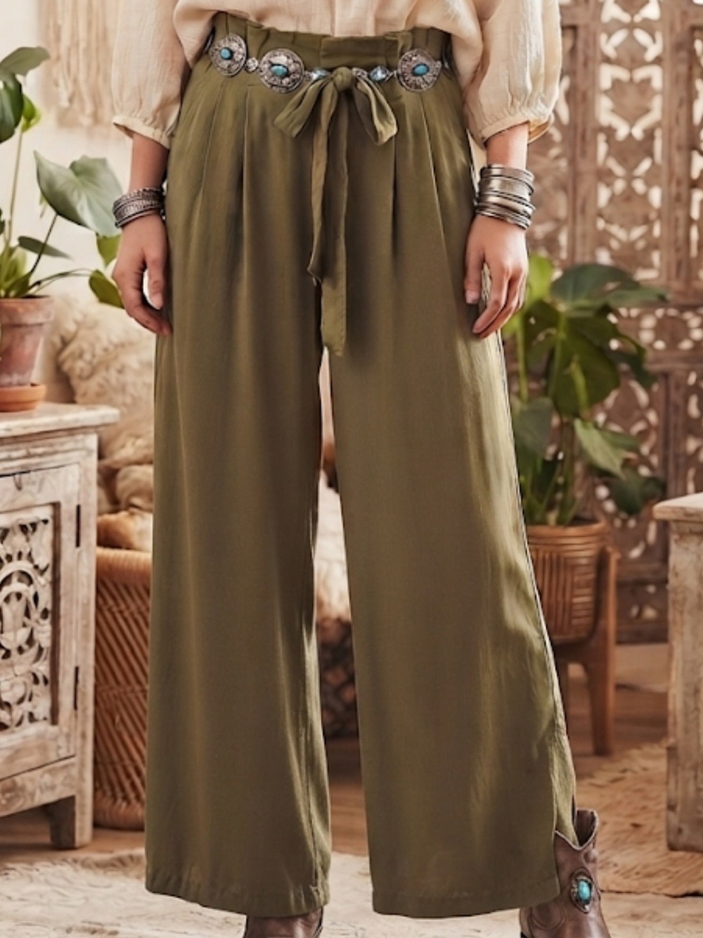 BANANA REPUBLIC Olive Paperbag Waist Wide Leg Pants Size 14